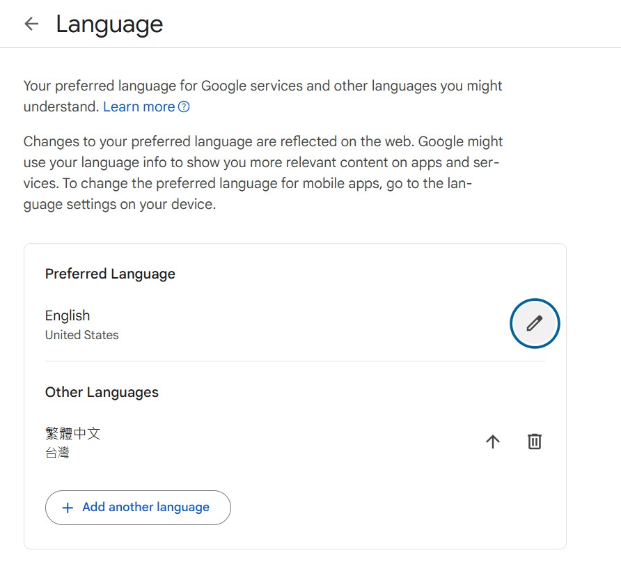 將 Google 帳戶語言設定為英文，方能使用 Gemini