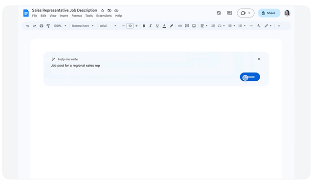 在 Google 文件，使用者也可以用 Help Me Write 功能，向 Duet AI 下指令，快速生成文件內容。