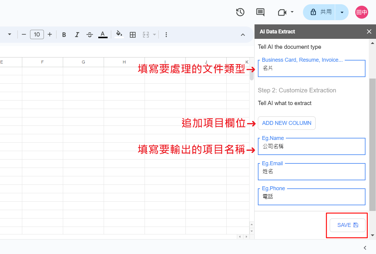 輸入AI Data Extract要抓取的資料類別與項目